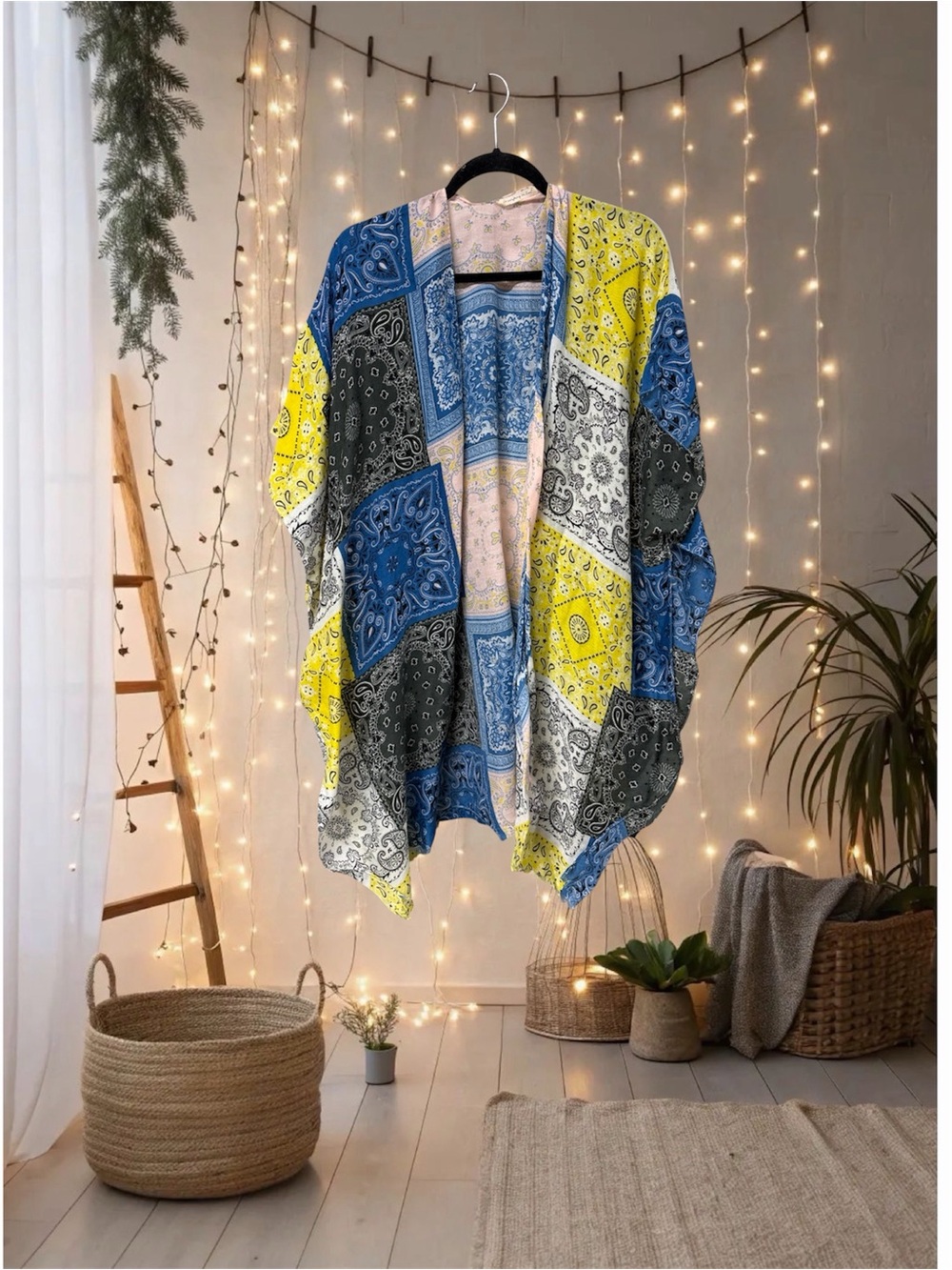 Do everything in love Blue Yellow Black Patchwork Paisley bandana print Kimono